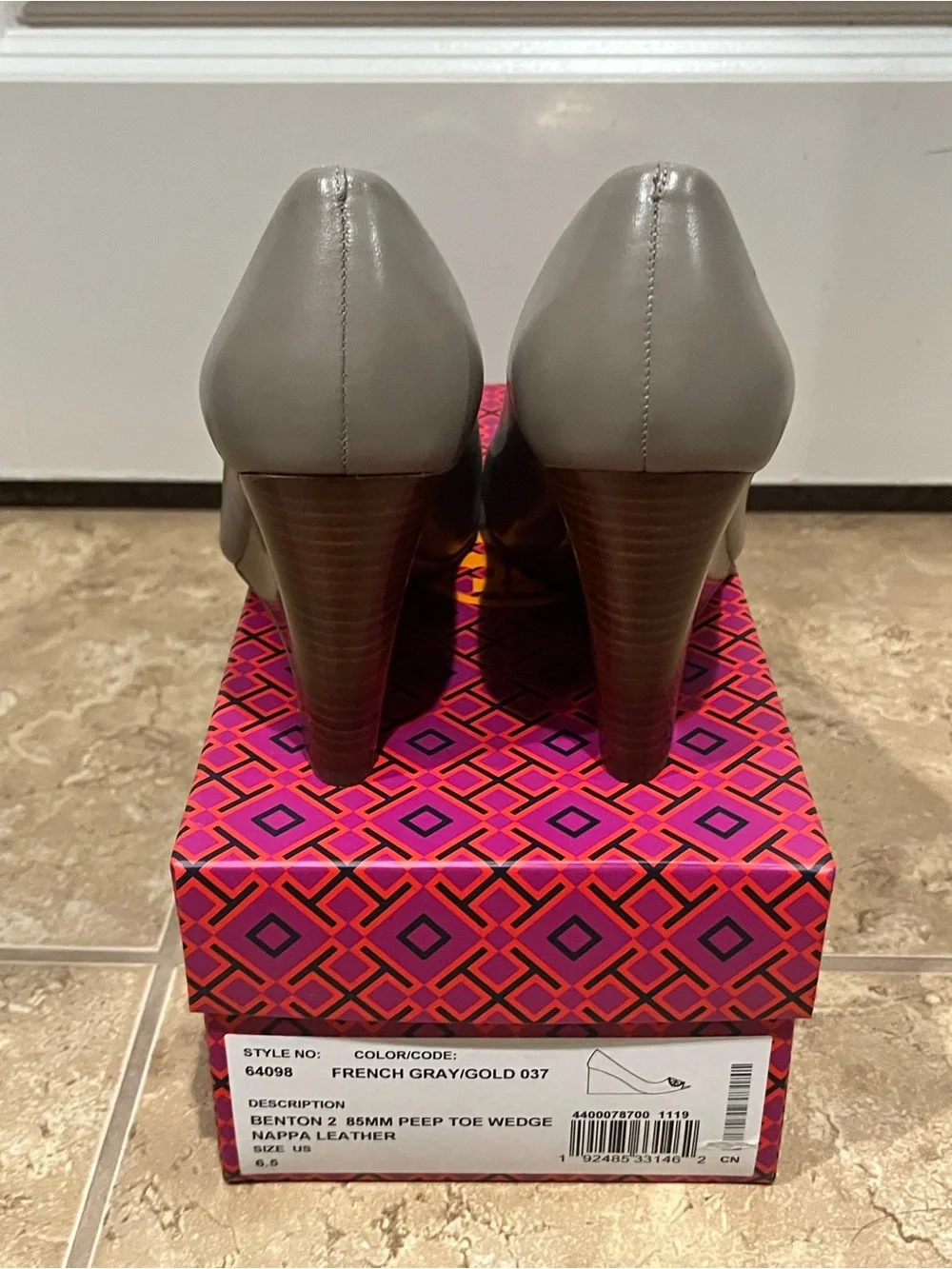 Tory Burch Gray Peep-Toe Wedges with Gold Logo